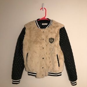 Faux fur bomber jacket with leather sleeves